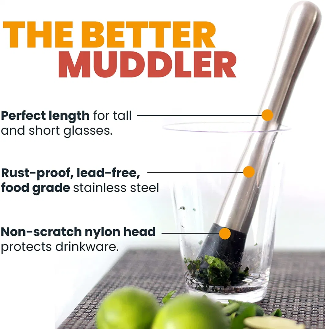 Bar Tools Beverage Juice Drink Ice Muddler Silver Long Stainless Steel Cocktail Muddler