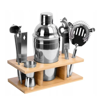 Set da bar in acciaio inossidabile Kit supporto in bambù Accessori Shaker per cocktail